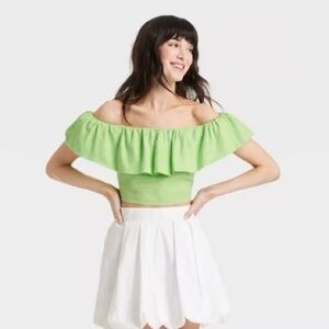 A New Day | Linen Blend Lime Green Off-Shoulder Crop Top